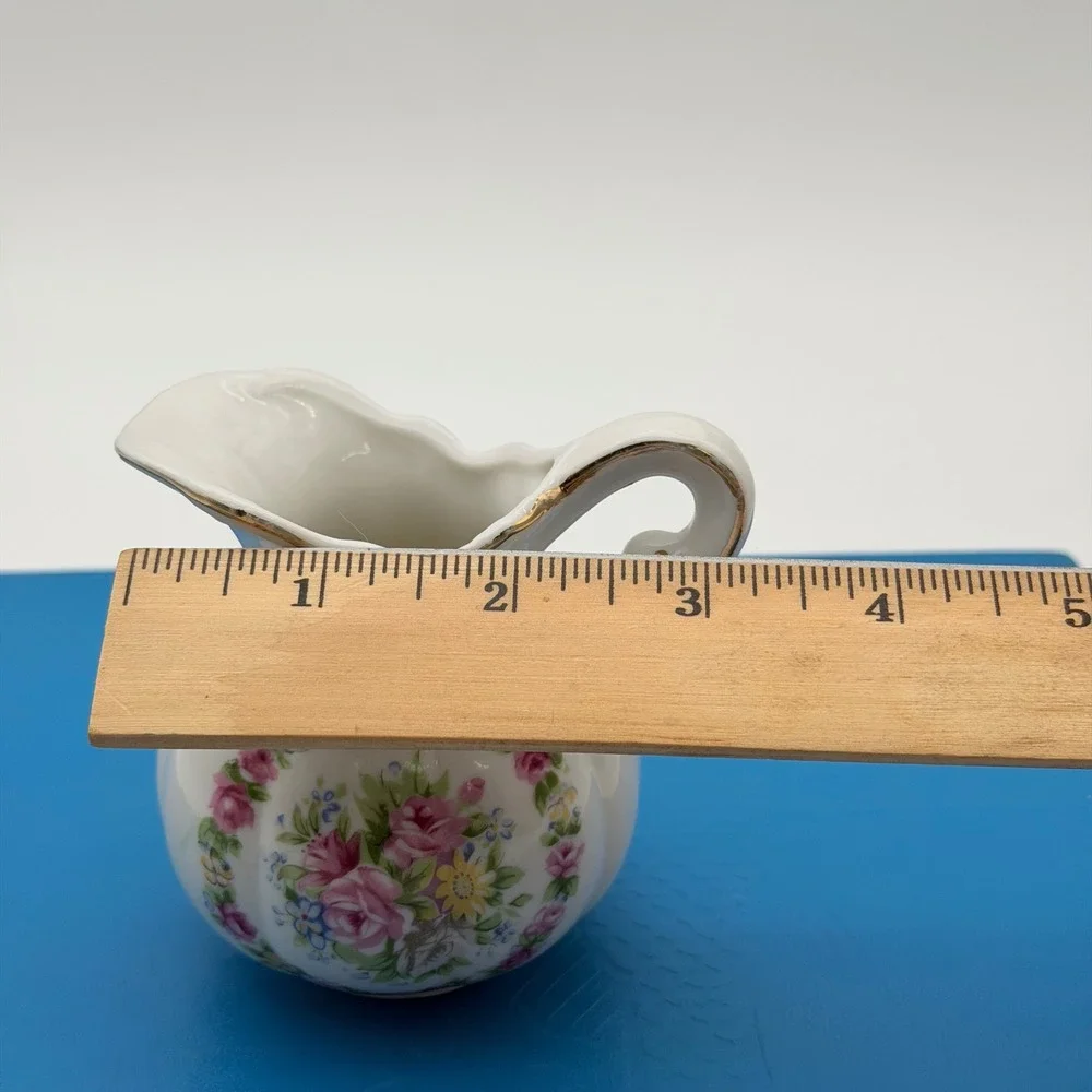 Vintage Floral Porcelain Mini Pitcher Creamer Gold Trim Pink Rose White